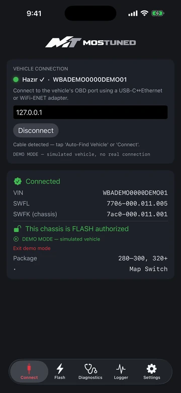 The MOSTUNED app connected to a car: VIN, SWFL and SWFK read, chassis shown as FLASH authorised