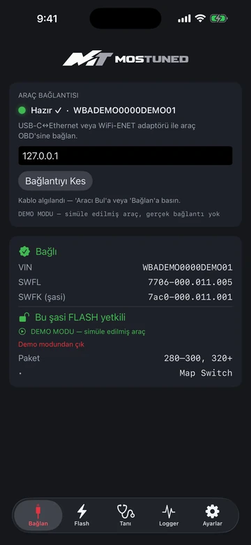 MOSTUNED uygulaması araca bağlı: VIN, SWFL ve SWFK okunmuş, şasi FLASH yetkili görünüyor