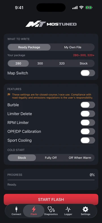 The MOSTUNED app Flash screen: 280, 300, 320 and Stock options, crackle, limiter and cold-start settings