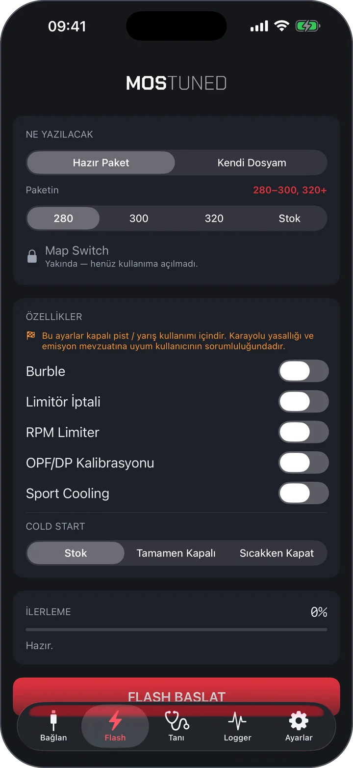 MOSTUNED ECU flash ekranı — demo görüntüsü