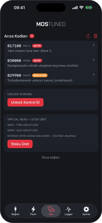 MOSTUNED uygulamasının Tanı ekranı: unlock durumu ve ECU bilgileri