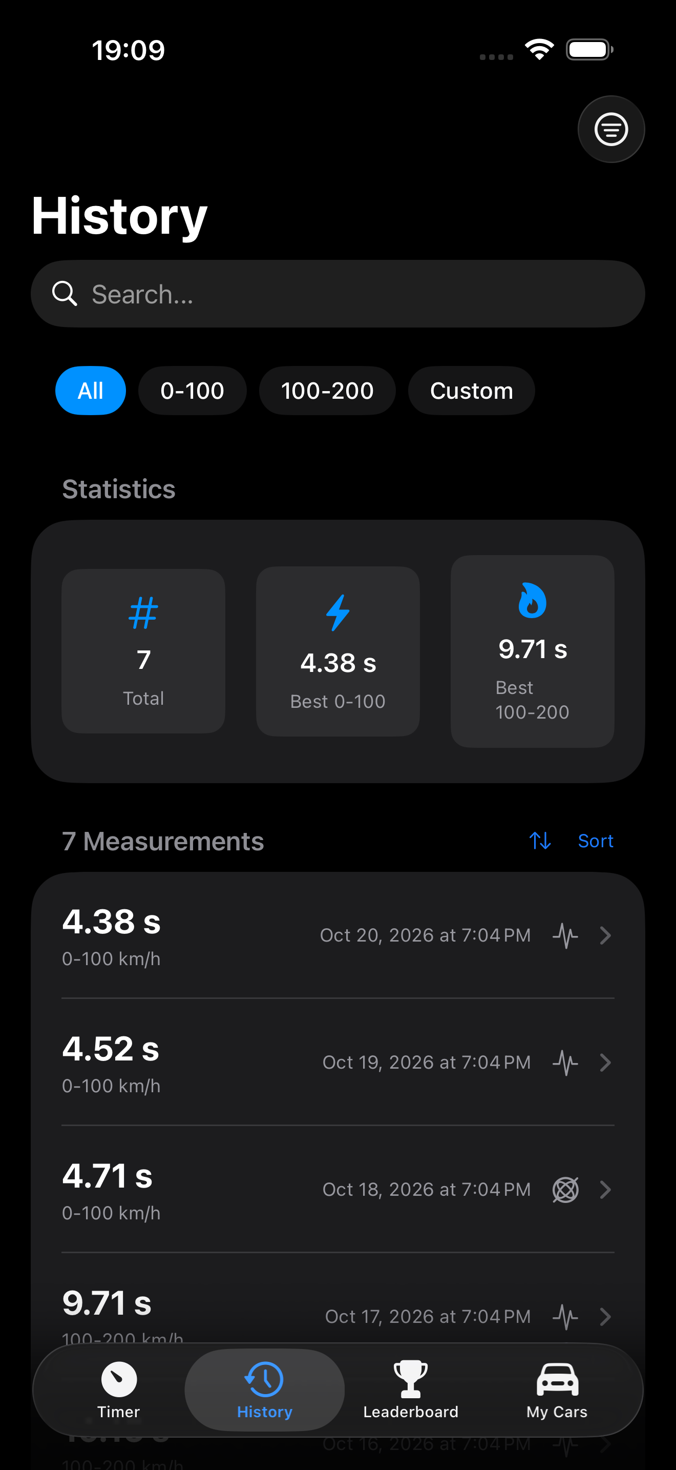 History screen with saved results and best times