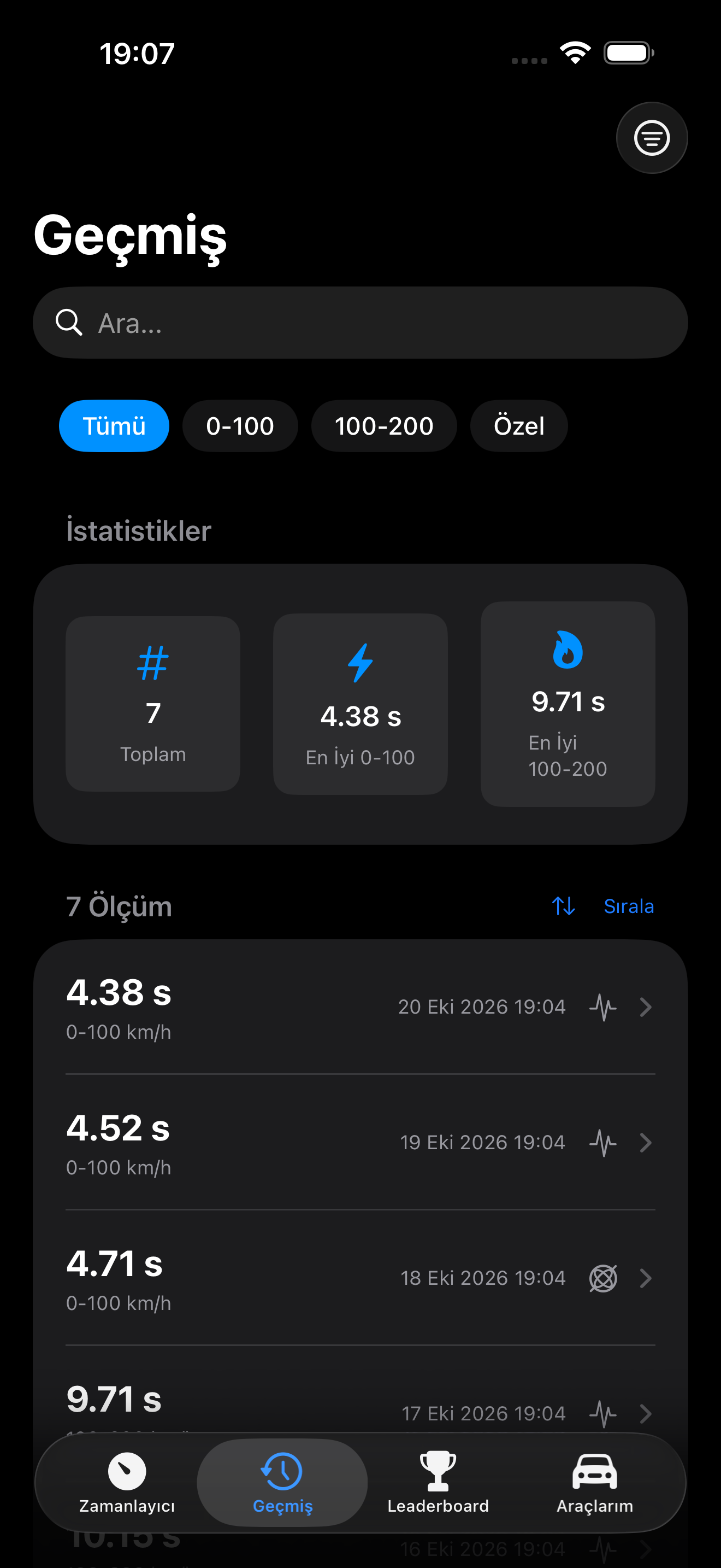 Geçmiş sonuçlar ve en iyi süreler ekranı