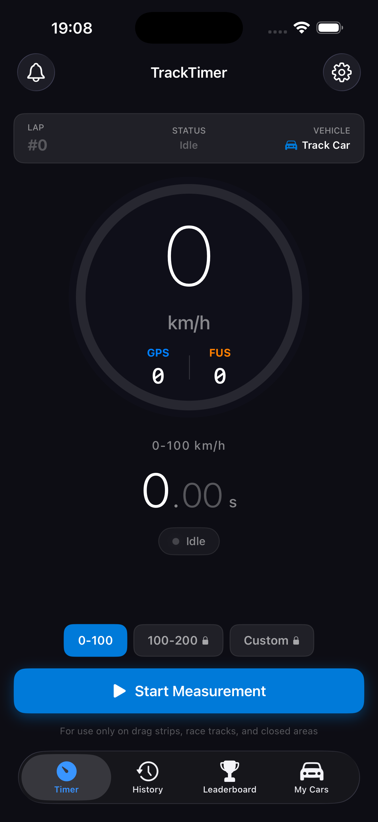 TrackTimer speed gauge and 0–100 timer screen