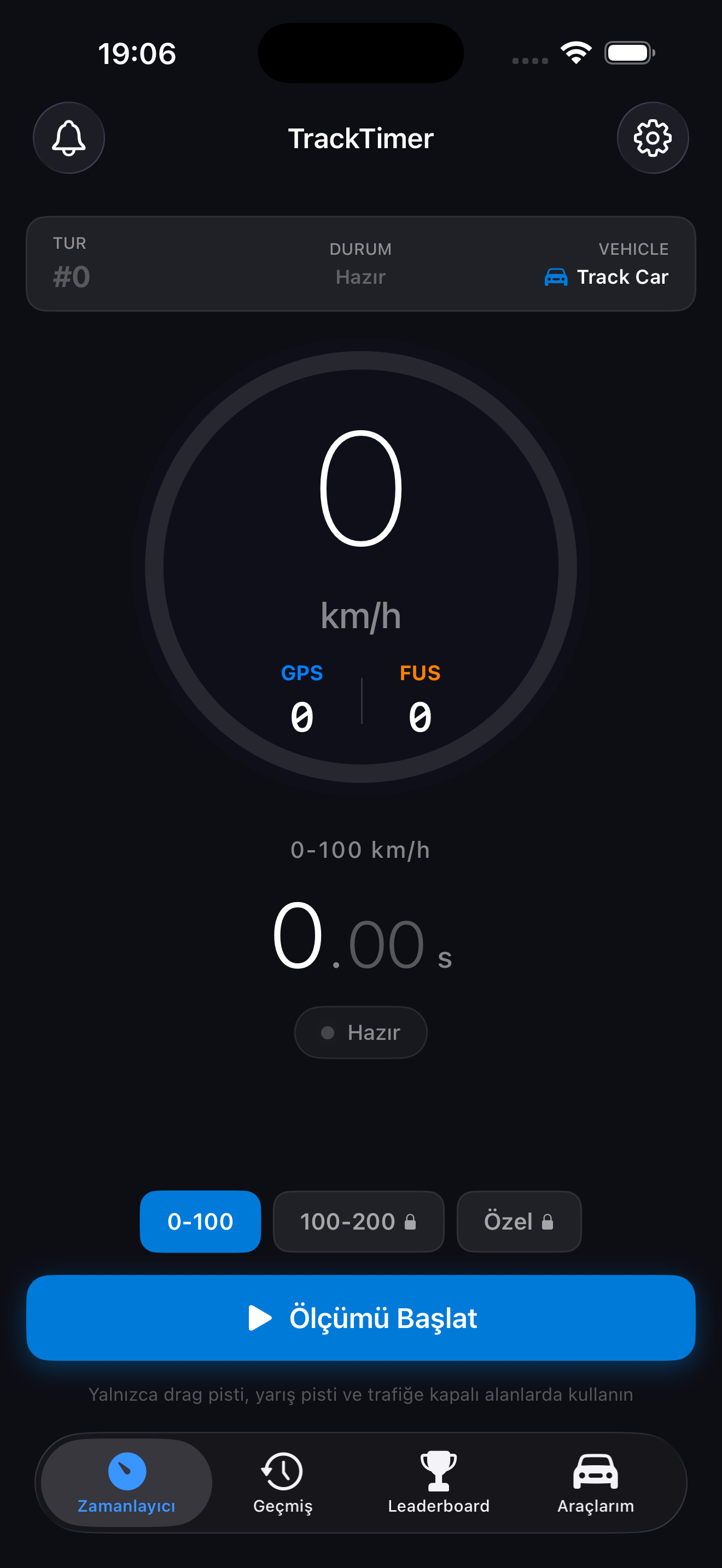 TrackTimer hız göstergesi ve 0–100 ölçüm ekranı